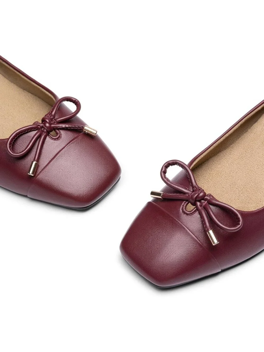 Women's Burgundy Ballet Flats Shoes Square Toe Bowknot Arch Support Comfortable